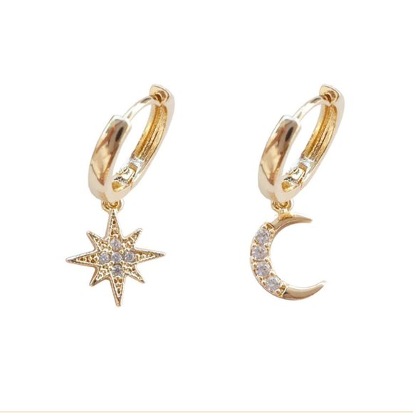 Mismatch Moon and Star Goldtone Huggie Earrings - Picture 2 of 6